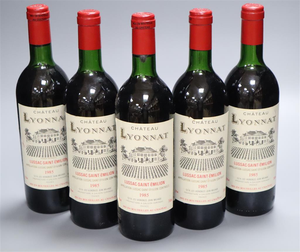 Five bottles of Chateau Lyonnat, Lussac Saint Emilion, 1985.